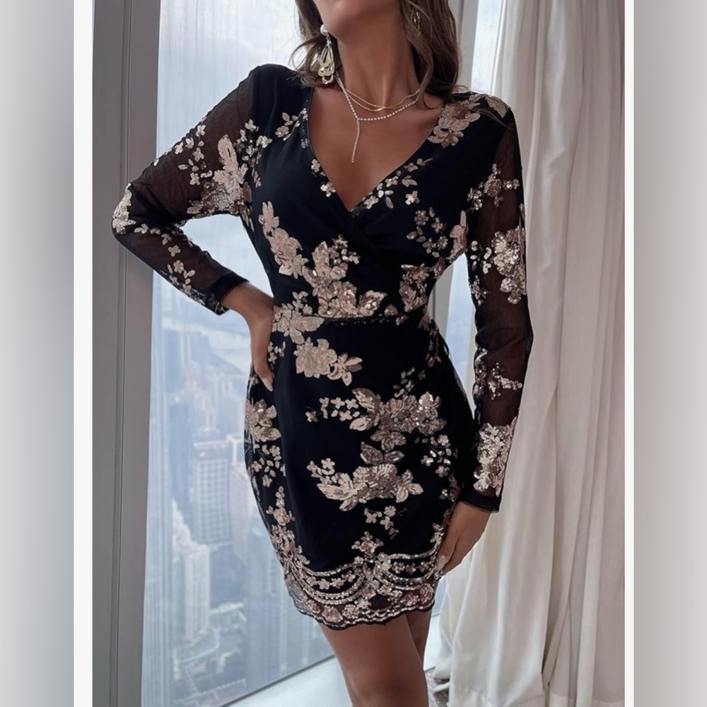 EFJONE V Neck Sheer Mesh Party Dress Sequin Dress - M Black